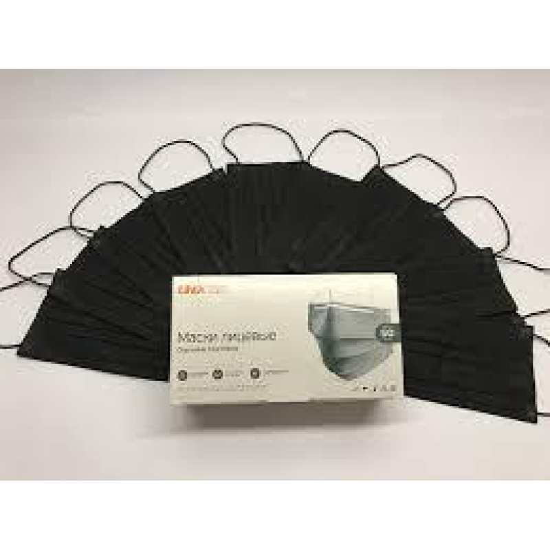 Маски медичні Чорні Unix, тришарові одноразові (спанбонд/мельтблаун/спанбонд) (50 шт./пач.)