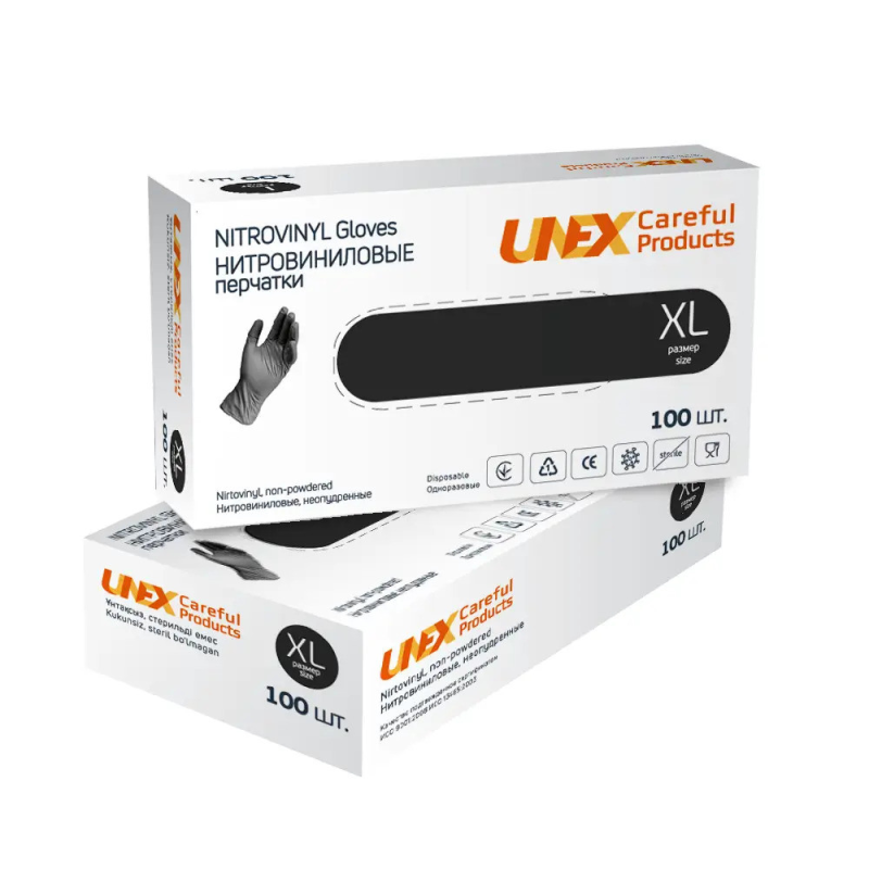 Рукавички нітровінілові Чорні Unix розмір XL 100 шт./пач.6гр