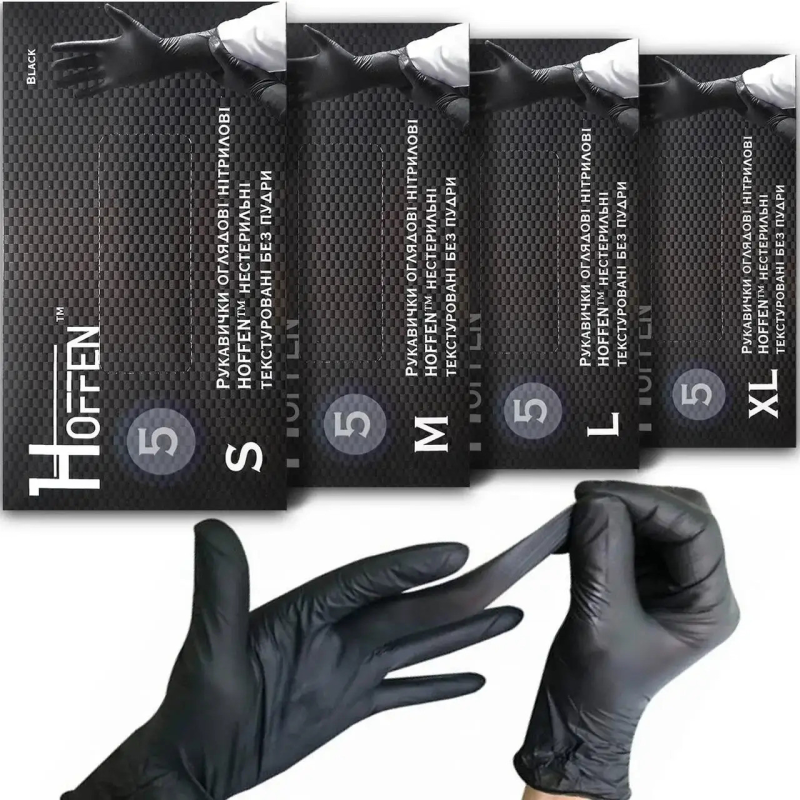 Рукавички нітрилові міцні 5 грам HOFFEN чорні нестерильні текстуровані без пудри,розмір XL 100штук/50пар