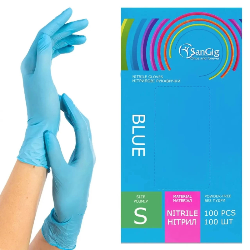 Рукавички нітрилові SanGig, щільність 3.5 г. - блакитні (100 шт) S (6-7)