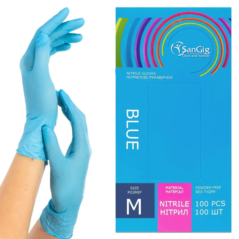 Рукавички нітрилові SanGig, щільність 3.5 г. - блакитні (100 шт) M