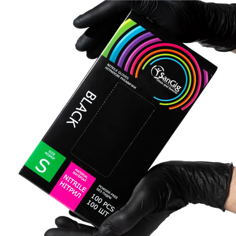 Рукавички нітрилові S (6-7) SanGig, щільність 3.5 г. - Чорні (100 шт)