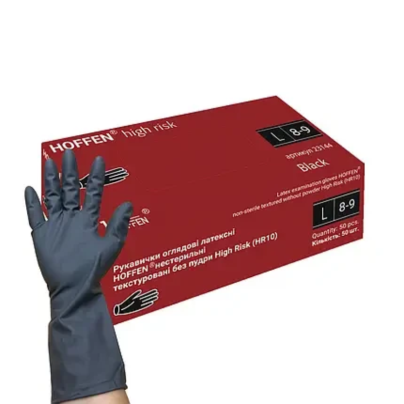 Рукавички L (8-9) Hoffen High Risk Чорні латексні підвищеної міцності (25 пар уп)