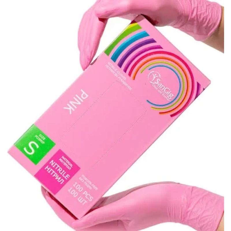 Рукавички нітрилові SanGig, щільність 3.5 г. - рожеві (100 шт)  S (6-7)