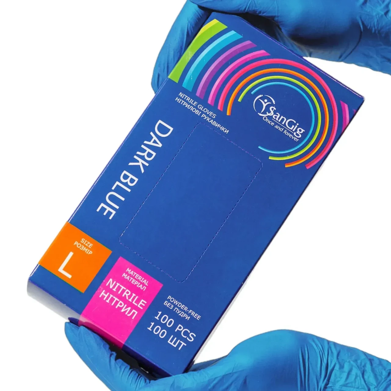 Рукавички нітриловіL (8-9)  SanGig, щільність 3.5 г. - Сині (100 шт)