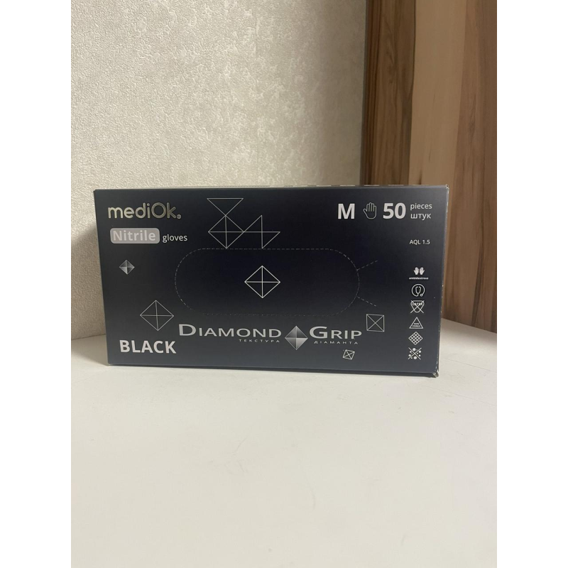 Рукавички нітрилові GRIP BLACK розмір M (щільність 8,6 г) підвищеної міцності чорні неопудрені (25пар/1уп) Mediok