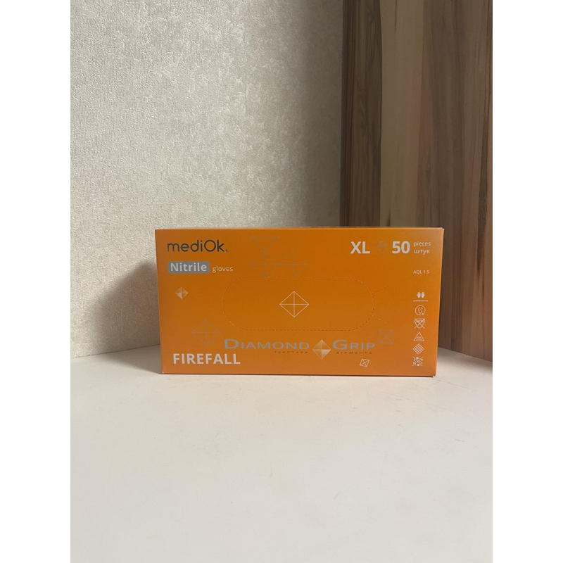 Рукавички нітрилові GRIP ORANGE розмір XL (щільність 8,6 г) підвищеної міцності неопудрені (25пар/1уп) Mediok
