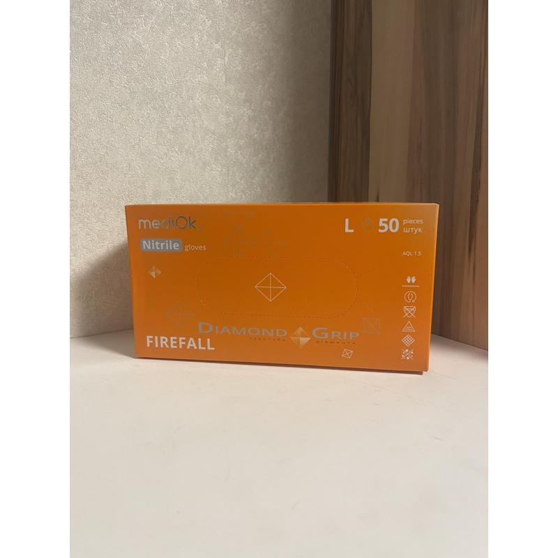 Рукавички нітрилові GRIP ORANGE розмір L (щільність 8,6 г) підвищеної міцності неопудрені (25пар/1уп) Mediok
