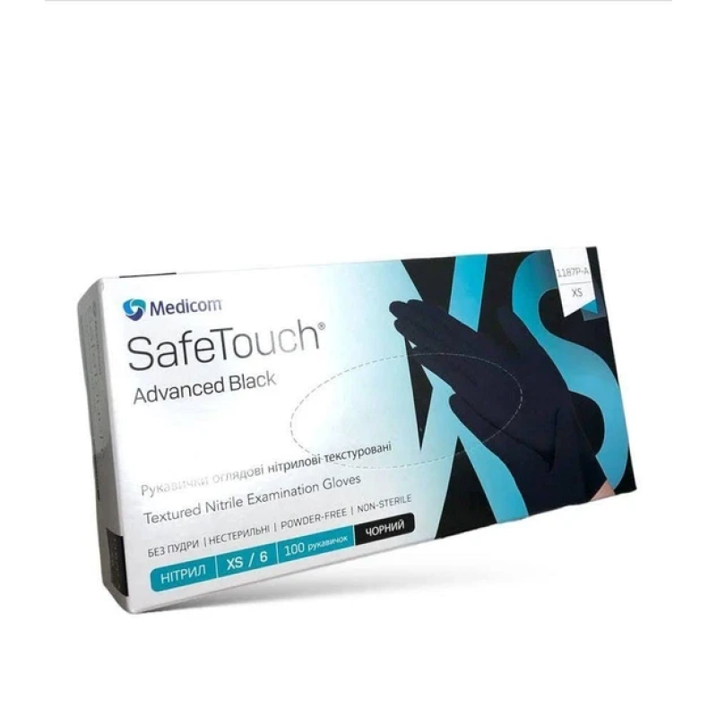 РУКАВИЧКИ НІТРИЛОВІ БЕЗ ПУДРИ НЕСТЕРИЛЬНІ SAFE TOUCH ADVANCED BLACK, РОЗМІР XS (100 ОД.)