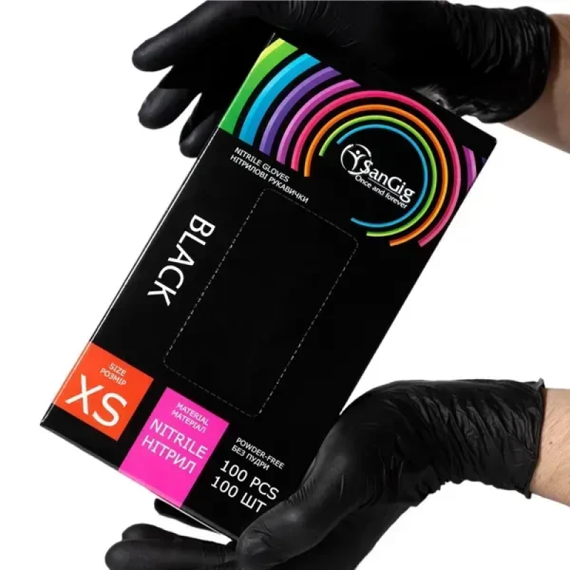 Рукавички нітрилові розмір XS SanGig, щільність 3.5 г. - Чорні (100 шт)